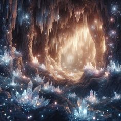 an image of the inside of a cave with lights coming from it and snow flakes all around