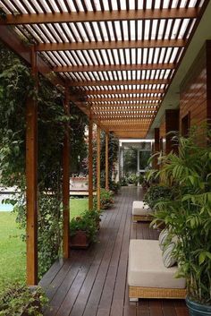 an outdoor covered patio with wooden floors and plants