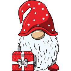 a cartoon gnome with a red hat holding a gift