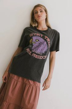 Graphic top in charcoal Eagle Graphic, Color Block Tee, Stay True, Knitting Materials, Infant Tees, Crew Neckline, Color Blocking, Knit Top, Graphic Tee