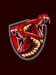 a red and yellow snake with its mouth open in the shape of a shield on a black background