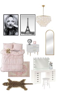 a bedroom with pink and white decor on the walls, bedding, dressers, mirror