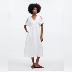 Coming In Linen With Special Embroidered Details, Add This Midi Dress To Your Must-Pack List. Gentle Gathering At The Waist Gives This Button-Front Style A Flattering Shape. Please Note: This Style Runs Small, So We Recommend Ordering One Size Larger Than Your Normal Size. Fitted Bodice, Flowy Skirt. Falls 49" From High Point Of Shoulder (Based On Size M). Linen. Pockets. October Photoshoot, White Linen Dresses, Maxi Sundress, Midi Slip Dress, Embroidered Linen, Tiered Midi Dress, Elements Of Style, Striped Midi Dress, Madewell Dresses