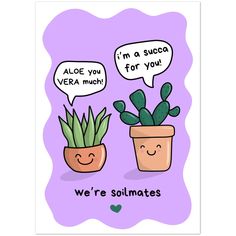 two potted plants with speech bubbles saying we're soulmates on them