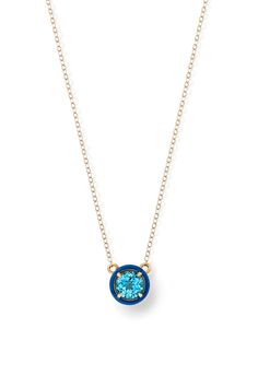 Round Cocktail Necklace - Necklaces | Alison Lou Blue Enamel Round Pendant Necklace, Yellow Gold Necklace With Gemstone Accents, Blue Enamel Necklace With Polished Finish, Elegant Enamel Jewelry With Bezel Setting, Elegant Round Enamel Necklaces, Fine Jewelry Enamel Round Pendant, Enamel Gemstone Pendant Necklace, Round Pendant Necklace With Enamel And Cabochon, Enamel Necklace With Cabochon Round Pendant