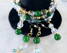 Vintage Beaded Necklace and Earrings Set. Beautiful Spring Set in Unique Green and Pink Beads. Handmade. One of a Kind. Women's Gift. - Etsy Green Glass Dangle Jewelry, Jade Beaded Earrings For Jewelry Making, Green Hand Wrapped Beads For Jewelry Making, Green Glass Round Bead Jewelry, Green Wire Wrapped Jewelry For Party, Green Jade Jewelry With Dangling Beads, Handmade Adjustable Glass Beaded Earrings, Handmade Green Dangle Beaded Bracelets, Handmade Green Beaded Round Bracelets