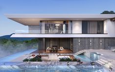 an artist's rendering of a modern house overlooking a pool and mountain range in the background