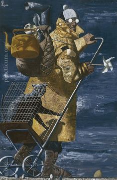 a painting of a man pushing a shopping cart with two cats on it and a bird in the air