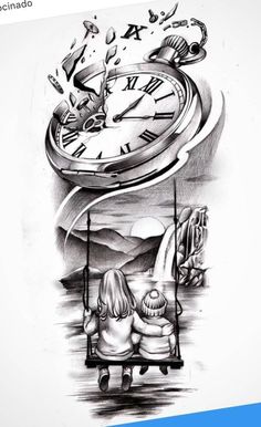 a black and white drawing of a woman sitting on a swing in front of a clock