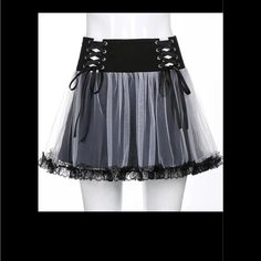 Goth Dark Mall Brandmesh A-Line Mini Skirt..Has White Lace With Black Material Underneath..Has Corsetting On Both Sides On The Fronthas Black Lace Accents Along The Bottom Of The White Lacesmall Zipper On One Side But Still A Bit Stretchy On Top..Size Large..Brand New With The Tagsplease Refer To The Pics Mall Goth Skirt, Emo Skirt, Rara Skirt, Rave Ideas, Gothic Skirt, Girl Punk, A Line Mini Skirt, Alternative Clothing, Gothic Dress