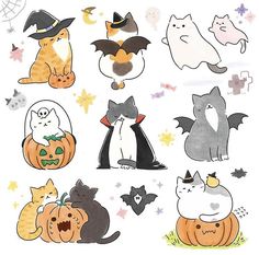 halloween stickers with cats, bats and pumpkins on white paper in various colors