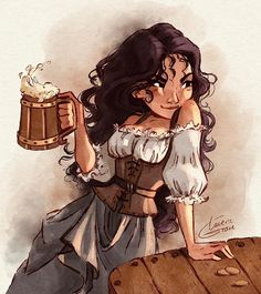 a drawing of a woman holding a beer and sitting on a barrel with a mug in her hand