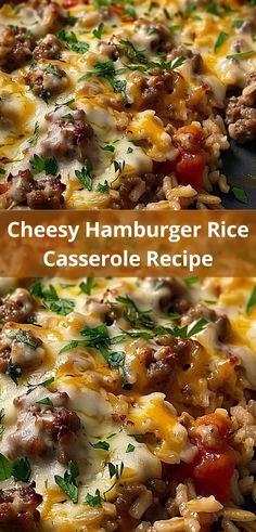 cheesy hamburger rice casserole recipe with ground beef, tomatoes and cheese