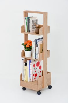 Three-Shelf Wheeled Wood Mini Bookcase | Wireworks Bookie | Woodfurniture.com Shelf Spacing, Three Tier Shelf, Display Unit, Office Furniture Desk, Ring Binder, Oak Finish, Bye Bye, White Oak, Shelving Unit