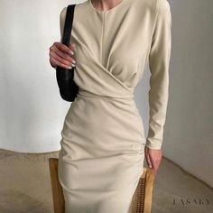 Lasaky - Vintage-style Long-sleeved Dress with Waist-cinching and Figure-flattering Design for a Sophisticated Look Korean Fashion Outfits, Female Dress, French Dress, Long Sleeve Wrap Dress, Women Bodycon Dress, Elegant Party Dresses, Club Wear, Solid Color Dress, Elegant Dresses For Women