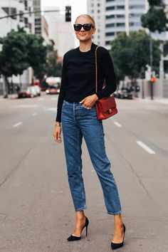 Red Celine Bag Outfit, Red Bags Outfit, Red Bag Outfit Casual, Red Chanel Bag Outfit, Red Pumps Outfit, Black Pumps Outfit, Red Purse Outfit