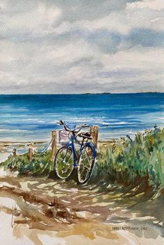 a painting of a bike parked on the side of a road next to the ocean