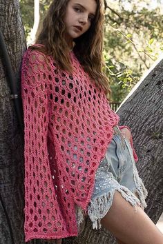 Pink Crochet Sweater - Sheer Bell Sleeve Sweater | Boho Pink Crochet Top Step By Step, Crochet Shapes, Stylish Tops For Girls, Circle Crochet, Crochet Coaster, Mesh Tops, Pink Crochet, Stylish Top, Stylish Sweaters