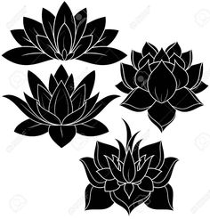 three black and white lotus flowers with leaves on the petals, set of four silhouettes