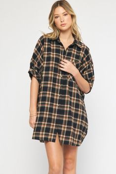 Oversized short sleeve button down flannel dress featuring pocket at bust. Unlined. Woven. Non-sheer. Lightweight. Plaid Dress Fall, Dress And Sneakers, Dress And Sneakers Outfit, Flannel Shirt Dress, Flannel Dress, Fall Plaid, Plaid Dress Shirt, Game Dresses, Plaid Dress