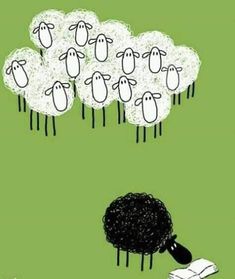 a drawing of sheep standing in front of a bunch of black and white lambs