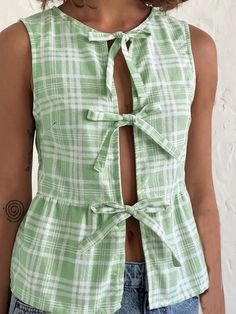 Women Check Print Tie Sleeveless Shirt Green   Sleeveless Polyester   Non-Stretch  Women Clothing, size features are:Bust: ,Length: ,Sleeve Length: Spring Tops 2024, Upcycle Tops, Pastel Fits, Collage Fashion, Bow Tie Top, Check Tops, Upcycled Clothes, Fish Food, Bow Top