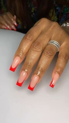 Red French Tip Black Women, Acrylic Nails With Red Tips, Red Tips Acrylic Nails, French Manicure Pink Tips, Square Red French Tip Nails, French Red Tip Nails, Medium Red Nails, Red Tip Acrylic Nails, Red French Tips Nails