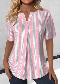 Color:Light Pink;Size:S;Size:M;Size:L;Size:XL;Size:XXL;Package Contents:1 X Blouse;Occasion:Other;Style:Casual; Casual Blouse Shirts, Light Pink Shorts, Trendy Tops For Women, Lovely Tops, Striped Long Sleeve Shirt, Ladies Tops, Striped Short, Collar Blouse, Pink Shorts