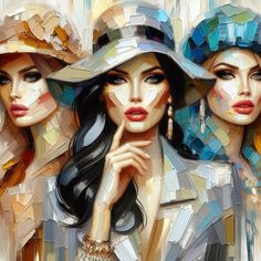 three beautiful women with hats on their heads