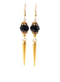 Black Glass Faceted Long Gold Spike Dangle Statement Earrings Clip On Optional Edgy Earrings With Ear Wire For Parties, Edgy Metal Earrings For Party, Edgy Party Earrings With Ear Wire, Edgy Drop Earrings For Party, Gold Edgy Dangle Jewelry, Edgy Gold Dangle Jewelry, Edgy Metal Party Earrings, Edgy Dangle Earrings For Party, Edgy Pierced Earrings For Party