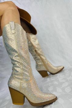 These beautiful Champagne Gold Rhinestone Western Boots are the perfect blend of Western cowgirl style and elegant glamor. These boots feature a classic silhouette with a pointed toe, side pull tab, and low chunky block heel with a faux stacked wood finish that adds to their rustic charm. Color: Champagne Gold Zipper Closure Rhinestone Embellished Cowboy Boots / Cowgirl Boots Pointed Toe Block Heel Gold Cowgirl Boots Outfit, Gold Cowboy Boots Outfit, Gold Cowgirl Boots, Gold Cowboy Boots, Fancy Boots, Quinceanera Shoes, Western Cowgirl Style, Bachelorette Inspo, Bedazzled Shoes