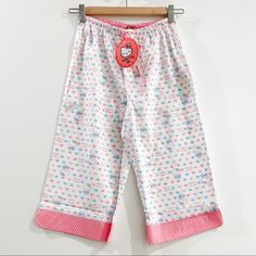 Brand-New With The Tag! Pajama Lounge Pj Cropped Pants Bottoms Y2k 00s Kawaii Style Pattern Features Blue And Pink Hearts And Hello Kitty Wearing A Blue Dress Check Out My Closet For Other Sanrio / Hello Kitty Items! {Bin 5} Cute Cotton Sleepwear, Playful Cotton Sleepwear Pajama Pants, Playful Cotton Sleepwear, White Sleepwear With Pockets For Sleepover, White Cotton Home Bottoms, White Cotton Playtime Bottoms, White Cotton Bottoms For Playtime, Hello Kitty Print Bottoms For Pajama Party, Cute Hello Kitty Print Bottoms For Pajama Party