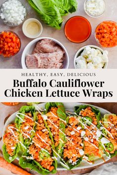 buffalo cauliflower chicken lettuce wraps on a platter