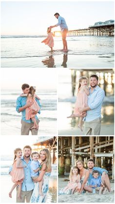 family photos taken on the beach at sunset with their parents and children in front of the pier