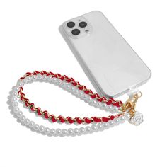 a cell phone case with a red and white beaded lanyard attached to it