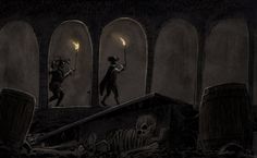 two people walking up stairs with torches in their hands and skeletons on the ground behind them