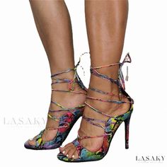 Lasaky - Chic Snake Print Ankle Boots Fitted Multicolor Sandals With Round Toe, Multicolor Round Toe Sandals, Fitted Multicolor Round Toe Sandals, Trendy Summer Boots With Ankle Strap, Trendy Ankle Strap Boots For Spring, Summer Pointed Toe Boots With Wrapped Heel, Multicolor High Heel Spring Boots, Multicolor High Heel Boots For Spring, Multicolor Ankle-high Heels