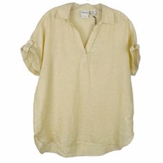 Rachel Zoe Bohemian Linen Short Sleeve Collar Top New With Tags Women’s Size Small Oversized Measuring Ptp 23” Length 27” Loose Fit Style With Rounded Hem And V Neck Roll Tab Short Sleeve Pullover Design Flowy Breezy And Breathable 100% Linen Pastel Light Yellow In Color E2498 Lagenlook, Boho, Casual, Travel, Beach, Resort, Vacation, Coastal, Boating, Spring, Summer, Lightweight, Boxy, Oversized Summer Blouse With Relaxed Fit For Work, Oversized Summer Blouse With Rolled Sleeves, Oversized Beige Summer Top, Oversized Blouse With Rolled Sleeves For Summer, Beige Oversized Top For Vacation, Oversized Beige Top For Vacation, Oversized Summer Tops For Daywear, Oversized Collared Tops For Vacation, Spring Vacation Tops With Rolled Sleeves