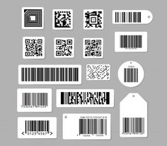 a set of barcode stickers and tags with qr code on grey background