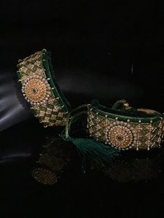 Green Velvet Pounchi ,Adorable Bracelet/ gold Bead Beaded, Resham Thread Bohemian Jewelry With Zari Work For Festive Season, Bohemian Jewelry With Zari Work For Diwali, Bohemian Bracelets For Diwali Ceremonial, Adjustable Bangle Bracelet For Diwali, Festive Gota Work Jewelry For Diwali, Adjustable Traditional Bracelets With Gota Work, Traditional Adjustable Bracelets With Gota Work, Bohemian Bracelets With Latkans For Diwali, Bohemian Bracelets For Navratri Festival