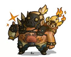 an image of a cartoon character with fire on his chest and two other characters in their arms