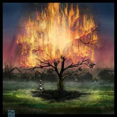 a painting of a tree on fire in the middle of a field