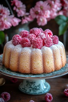 a cake topped with raspberries on top of a plate