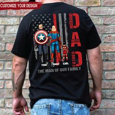 the back of a man's black t - shirt with an image of captain america on it