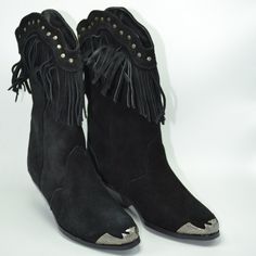 Nib Aj' Valenci Black Suede Western Style Boots With Toe And 2" In Heel Protectors, Size 8 M In Excellent Condition Winter Party Boots With Leather Sole, Western Style Moto Boots For Winter Party, Casual Snip Toe Boots For Party, Chic Black Boots With Fringe, Suede Fringe Boots With Closed Toe, Chic Black Moto Boots With Snip Toe, Black Suede Moto Boots With Reinforced Heel, Black High Heel Western Boots, Chic Black Snip Toe Mid-calf Boots