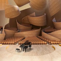 a grand piano sits in front of an auditorium with rows of seats and wooden steps