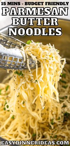 a ladle full of noodles with parmesan cheese on top and the words, 15 mins - budget friendly