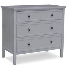 a gray dresser with four drawers and two doors on the bottom drawer, in front of a white background