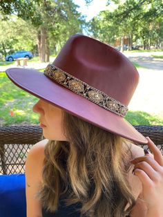 "Maroon faux Leather Fedora with Rhinestone, Pearl and Chain Hat Band. Great addition to a summer or fall wardrobe. Made in Texas. 4\" Brim Medium size: 56cm-59cm" Elegant Rhinestone Hats For Festival, Elegant Rhinestone Festival Hats, Elegant Embellished Hats For Festival, Womens Fedora, Hat Band, Formal Attire, Fall Wardrobe, Sun Hats, Fedora