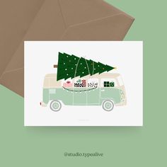 a card with an image of a vw bus and christmas tree on the roof